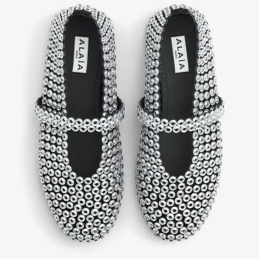 Alaia Crystal Eyelet Studded Suede Mesh Mary Jane Flats Ballerina Shoes 39 NEW